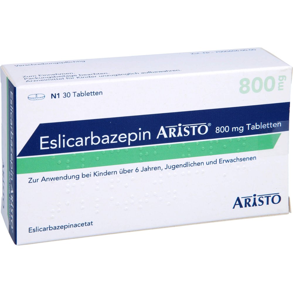 Das Produktfoto zeigt Eslicarbazepin Aristo 800 Mg Tabletten (30 stk) PZN 16850982