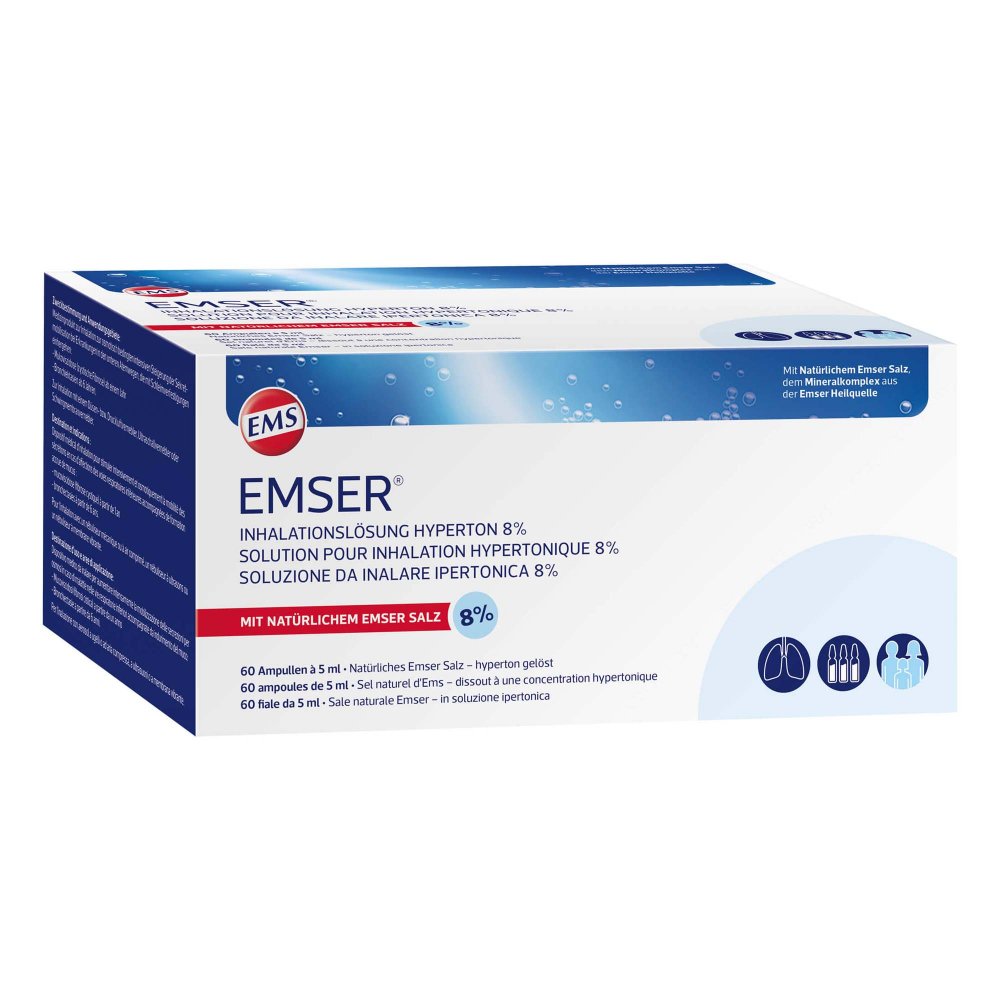 Das Produktfoto zeigt Emser Inhalationslösung Hyperton 8% (60X5 ml) PZN 16851800