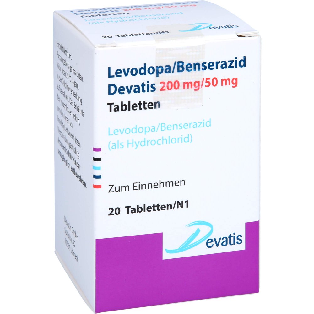 Das Produktfoto zeigt Levodopa/Benserazid Devatis 200mg/50mg Tabletten (20 stk) PZN 16856708