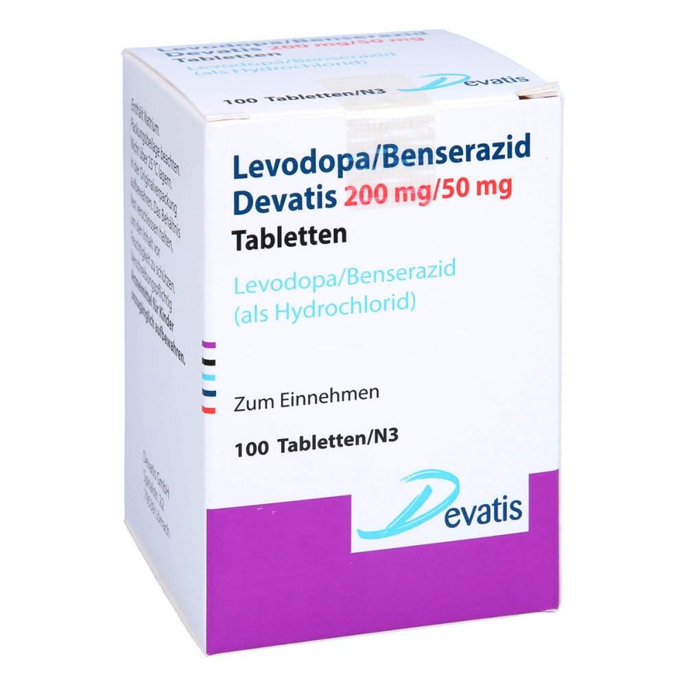 Das Produktfoto zeigt Levodopa/Benserazid Devatis 200mg/50mg Tabletten (100 stk) PZN 16856737