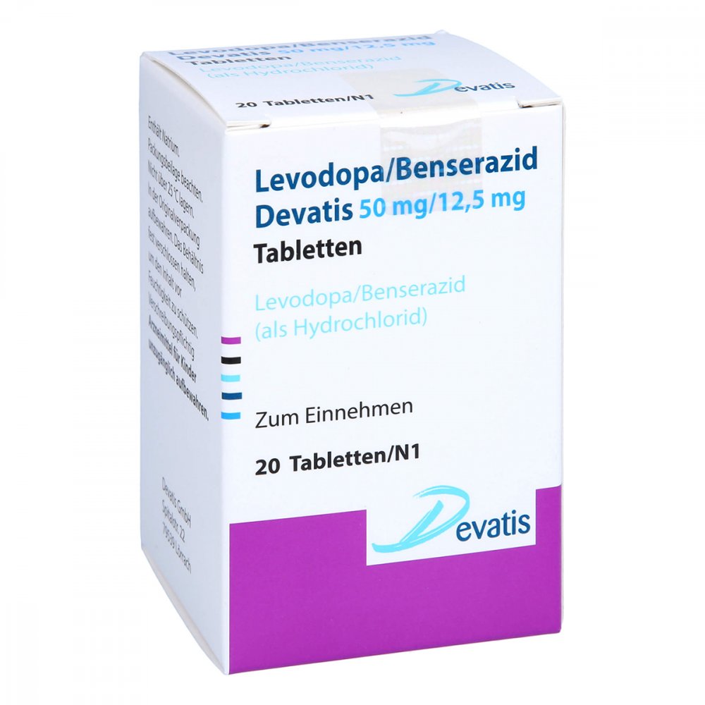 Das Produktfoto zeigt Levodopa/Benserazid Devatis 50mg/12,5mg Tabletten (20 stk) PZN 16856789