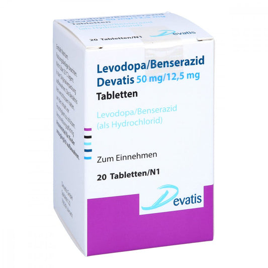 Das Produktfoto zeigt Levodopa/Benserazid Devatis 50mg/12,5mg Tabletten (20 stk) PZN 16856789