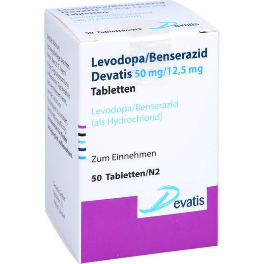 Das Produktfoto zeigt Levodopa/Benserazid Devatis 50mg/12,5mg Tabletten (50 stk) PZN 16856795