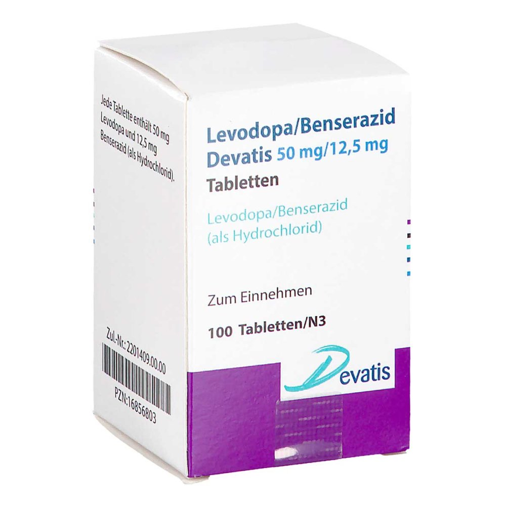 Das Produktfoto zeigt Levodopa/Benserazid Devatis 50mg/12,5mg Tabletten (100 stk) PZN 16856803