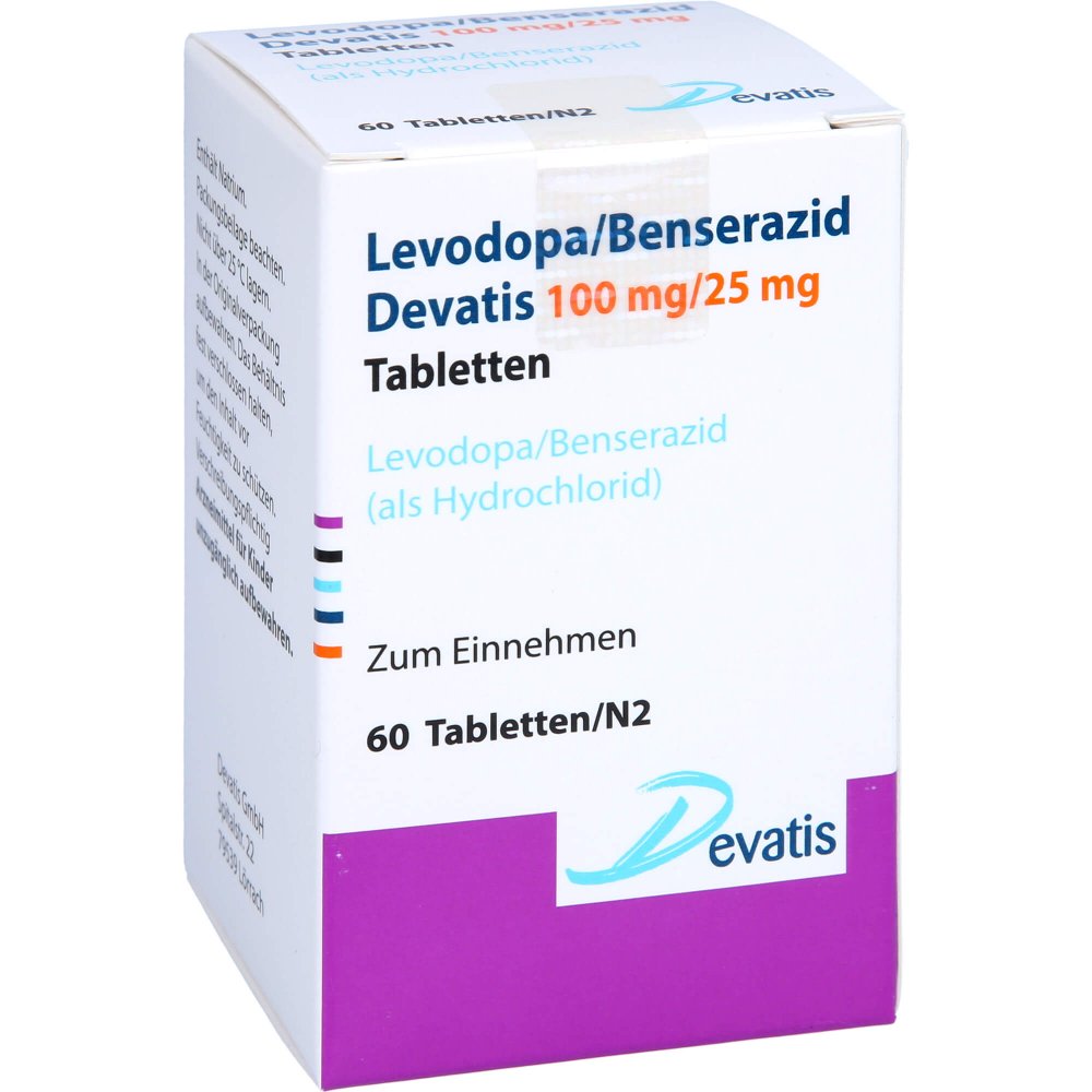 Das Produktfoto zeigt Levodopa/Benserazid Devatis 100mg/25mg Tabletten (60 stk) PZN 16856855