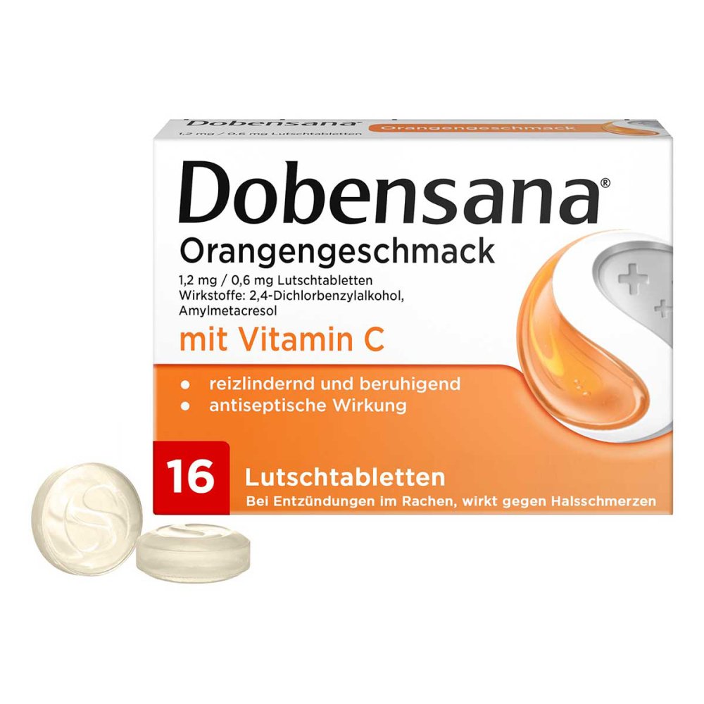 Das Produktfoto zeigt Dobensana Orangengeschmack 1,2mg/0,6mg Lutschtabl. (16 stk) PZN 16856878