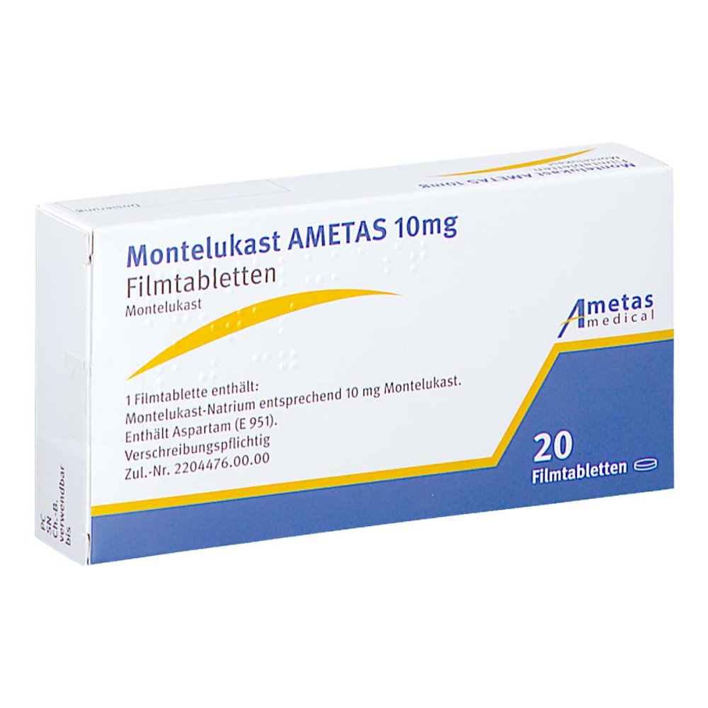 Das Produktfoto zeigt Montelukast Ametas 10 Mg Filmtabletten (20 stk) PZN 16867327