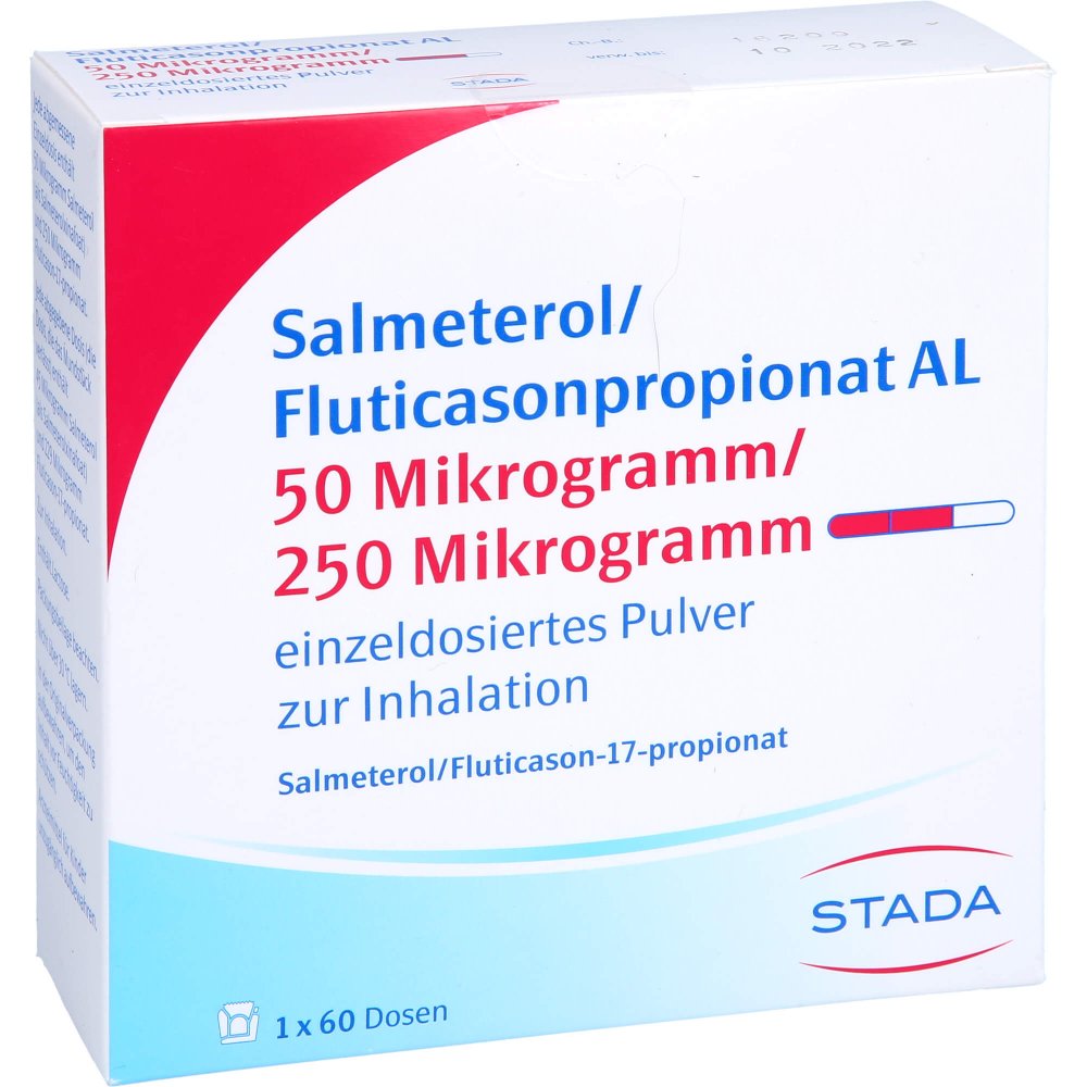 Das Produktfoto zeigt Salmeterol/Fluticasonpropionat Al 50μg/250μg Stada (1X60 stk) PZN 16875108