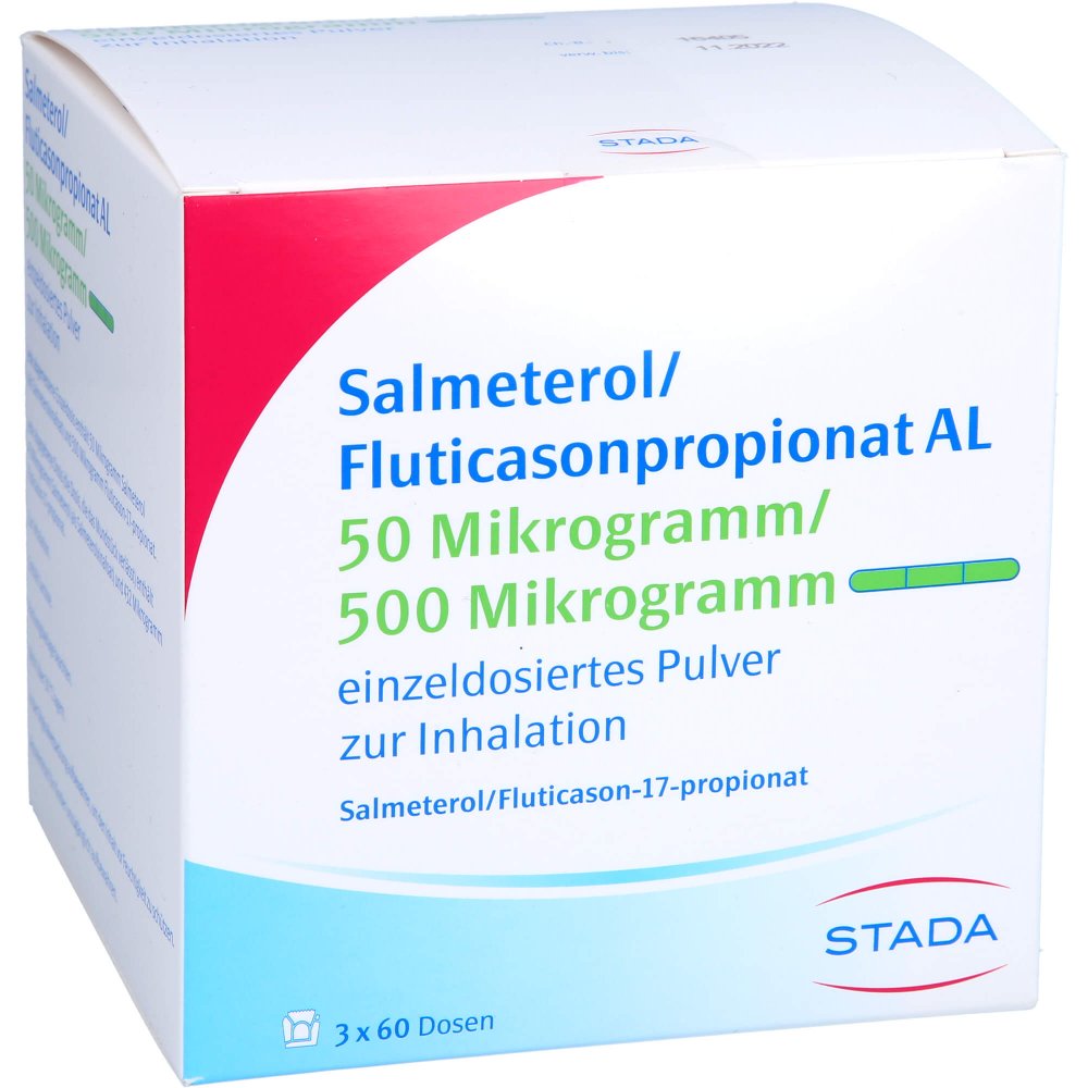 Das Produktfoto zeigt Salmeterol/Fluticasonpropionat Al 50μg/500μg Stada (3X60 stk) PZN 16875137