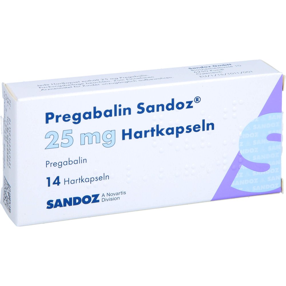 Das Produktfoto zeigt Pregabalin Sandoz 25 Mg Hartkapseln (14 stk) PZN 16886968