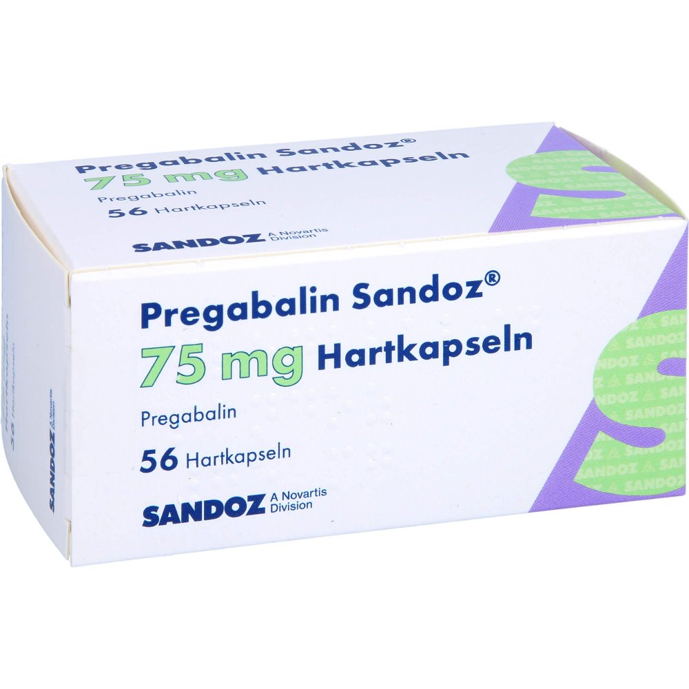 Das Produktfoto zeigt Pregabalin Sandoz 75 Mg Hartkapseln (56 stk) PZN 16887034
