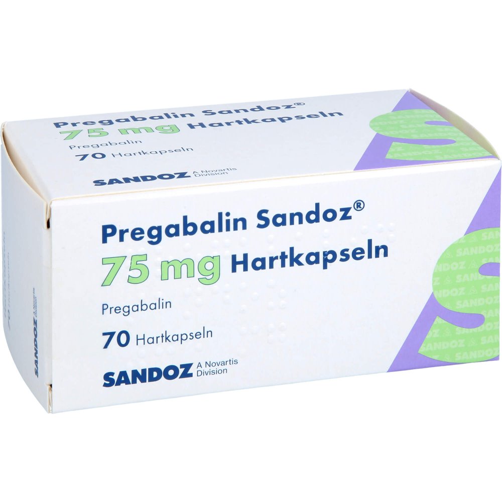 Das Produktfoto zeigt Pregabalin Sandoz 75 Mg Hartkapseln (70 stk) PZN 16887040