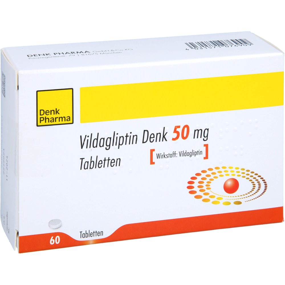 Das Produktfoto zeigt Vildagliptin Denk 50 Mg Tabletten (60 stk) PZN 16890125