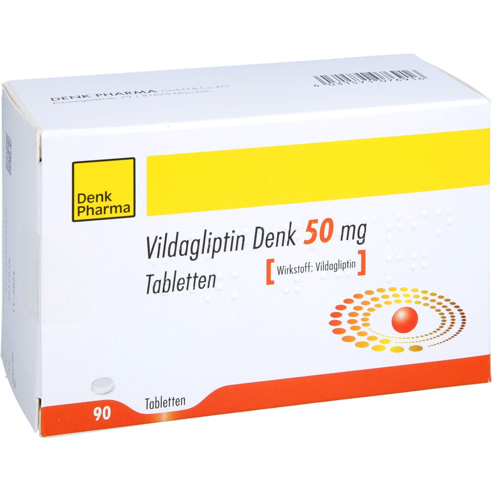 Das Produktfoto zeigt Vildagliptin Denk 50 Mg Tabletten (90 stk) PZN 16890131