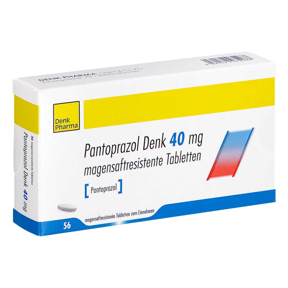Das Produktfoto zeigt Pantoprazol Denk 40 Mg Magensaftres.Tabletten (56 stk) PZN 16890177