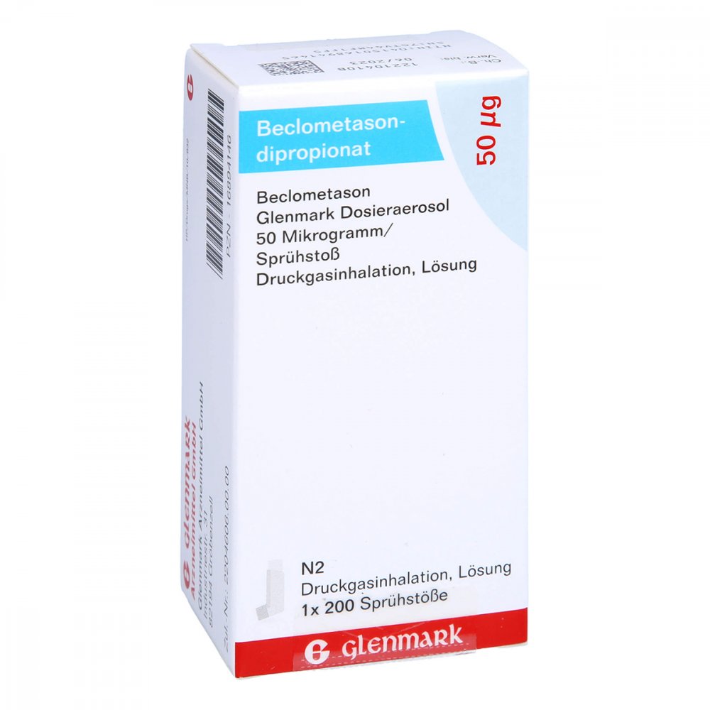 Das Produktfoto zeigt Beclometason Glenmark Dosieraerosol 50 Μg/Sprü.St (1 stk) PZN 16894146