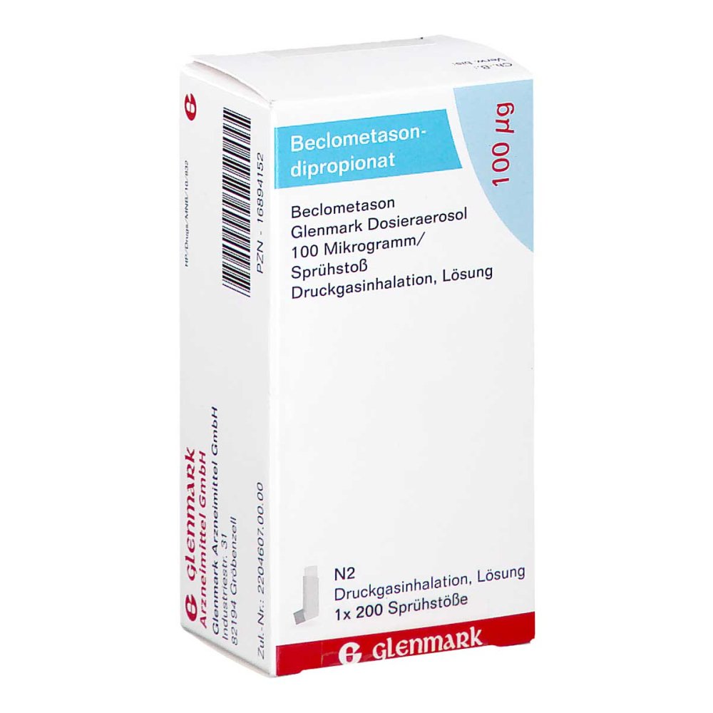 Das Produktfoto zeigt Beclometason Glenmark Dosieraerosol 100 Μg/Sprü.St (1 stk) PZN 16894152