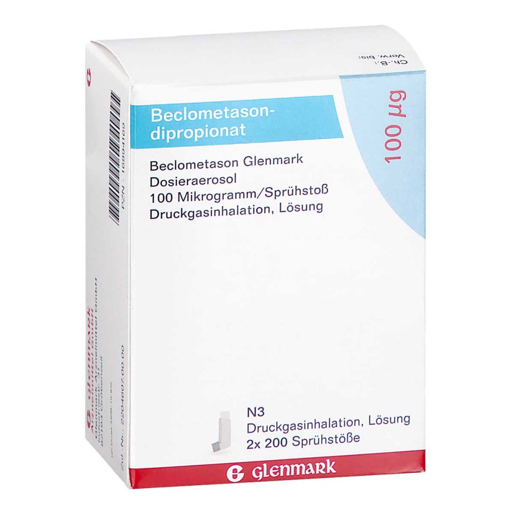 Das Produktfoto zeigt Beclometason Glenmark Dosieraerosol 100 Μg/Sprü.St (2 stk) PZN 16894169