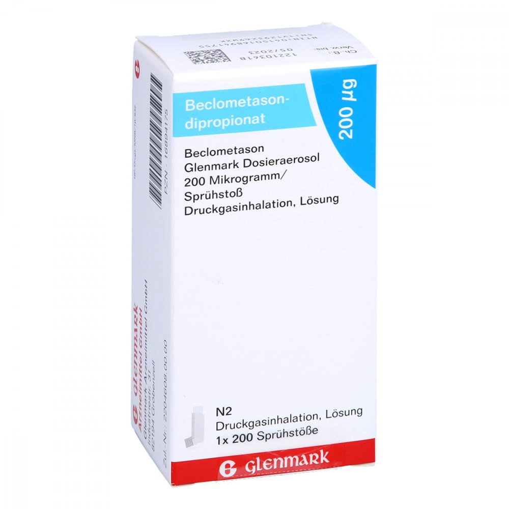 Das Produktfoto zeigt Beclometason Glenmark Dosieraerosol 200 Μg/Sprü.St (1 stk) PZN 16894175