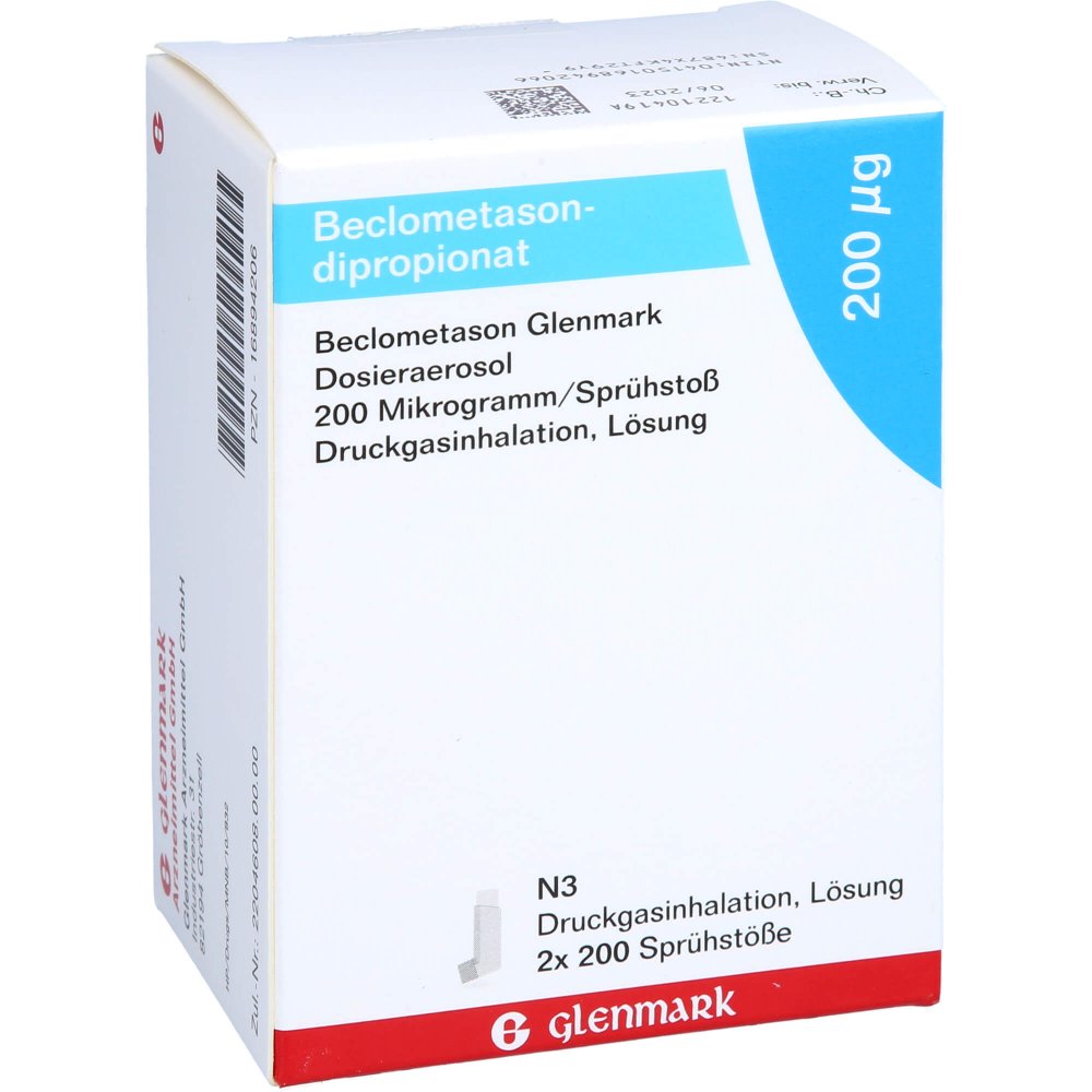 Das Produktfoto zeigt Beclometason Glenmark Dosieraerosol 200 Μg/Sprü.St (2 stk) PZN 16894206
