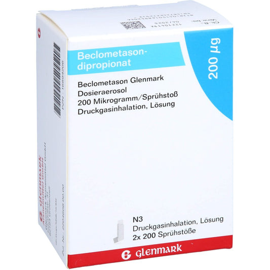 Das Produktfoto zeigt Beclometason Glenmark Dosieraerosol 200 Μg/Sprü.St (2 stk) PZN 16894206