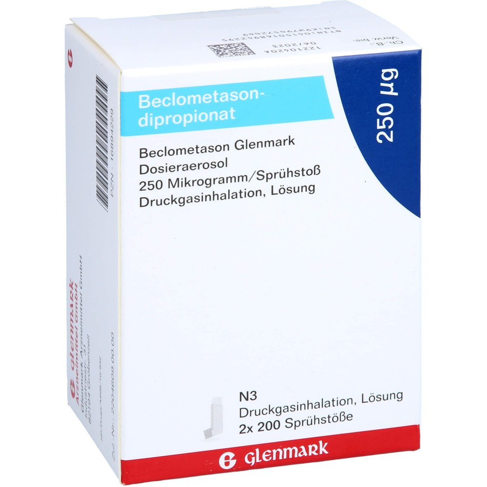 Das Produktfoto zeigt Beclometason Glenmark Dosieraerosol 250 Μg/Sprü.St (2 stk) PZN 16894229