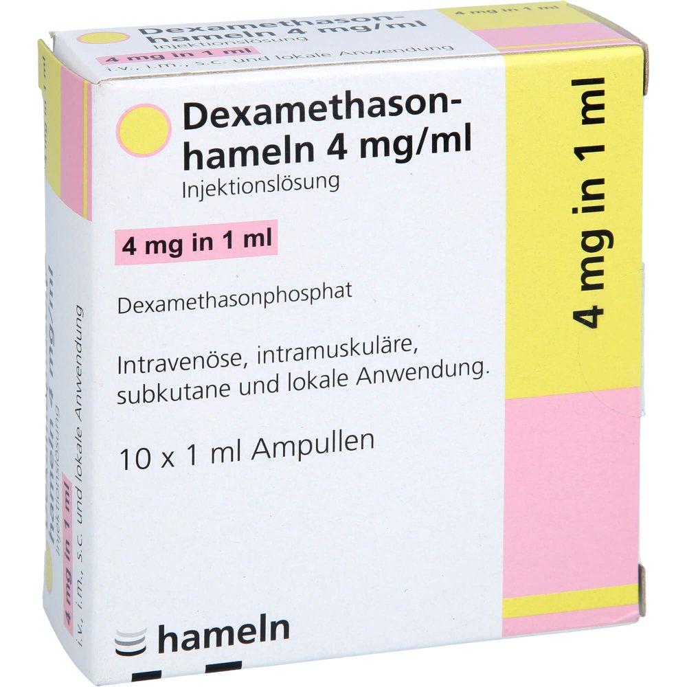 Das Produktfoto zeigt Dexamethason-Hameln 4 Mg/Ml Injektionslösung (10X1 ml) PZN 16913056