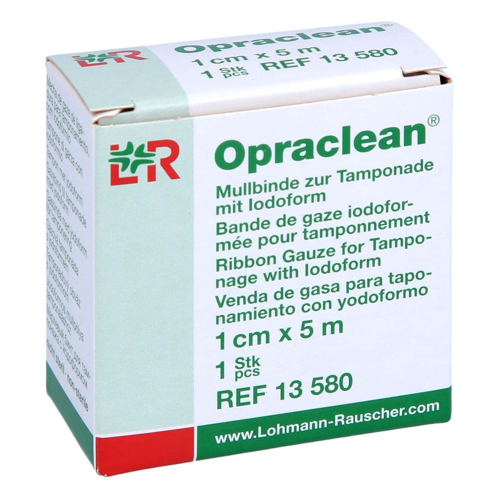 Das Produktfoto zeigt Opraclean Mullbinde Z.Tampon.M.Jodoform 1 Cmx5 M (1 stk) PZN 16926113