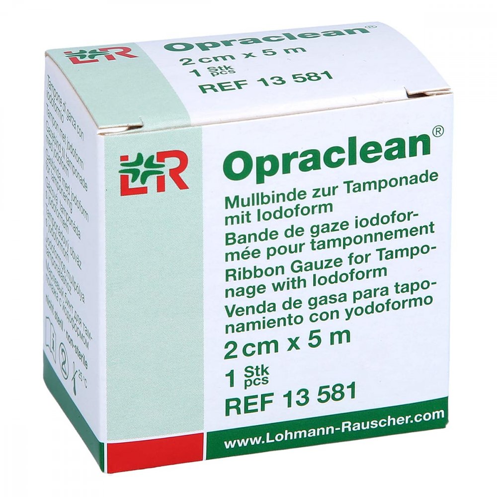 Das Produktfoto zeigt Opraclean Mullbinde Z.Tampon.M.Jodoform 2 Cmx5 M (1 stk) PZN 16926136