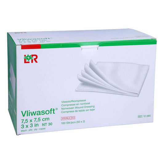 Das Produktfoto zeigt Vliwasoft Vlieskompressen Steril 7,5x7,5 Cm 6l. (50X2 stk) PZN 16926159
