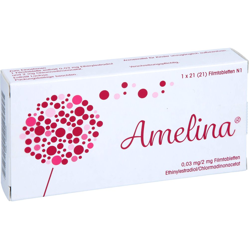 Das Produktfoto zeigt Amelina 0,03 Mg/2 Mg Filmtabletten (21 stk) PZN 16926308