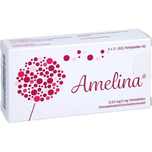 Das Produktfoto zeigt Amelina 0,03 Mg/2 Mg Filmtabletten (63 stk) PZN 16926314