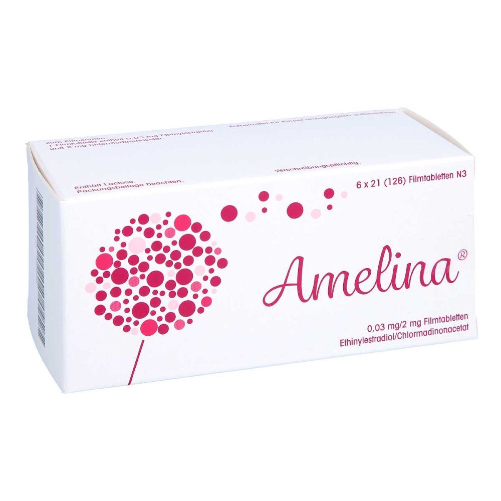 Das Produktfoto zeigt Amelina 0,03 Mg/2 Mg Filmtabletten (126 stk) PZN 16926320