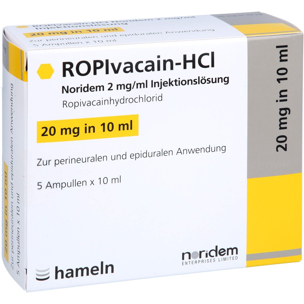 Das Produktfoto zeigt Ropivacain-Hcl Noridem 2 Mg/Ml Injektionslsg. (5X10 ml) PZN 16936821