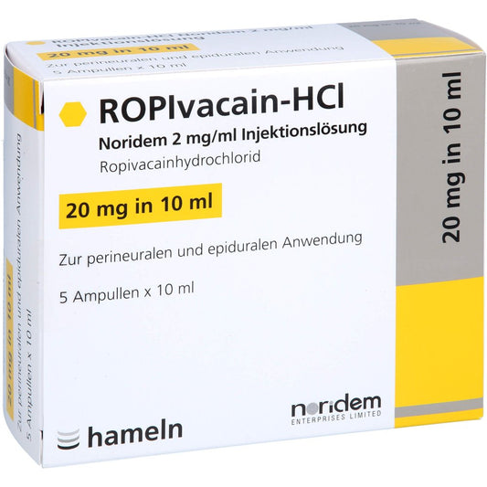 Das Produktfoto zeigt Ropivacain-Hcl Noridem 2 Mg/Ml Injektionslsg. (5X10 ml) PZN 16936821