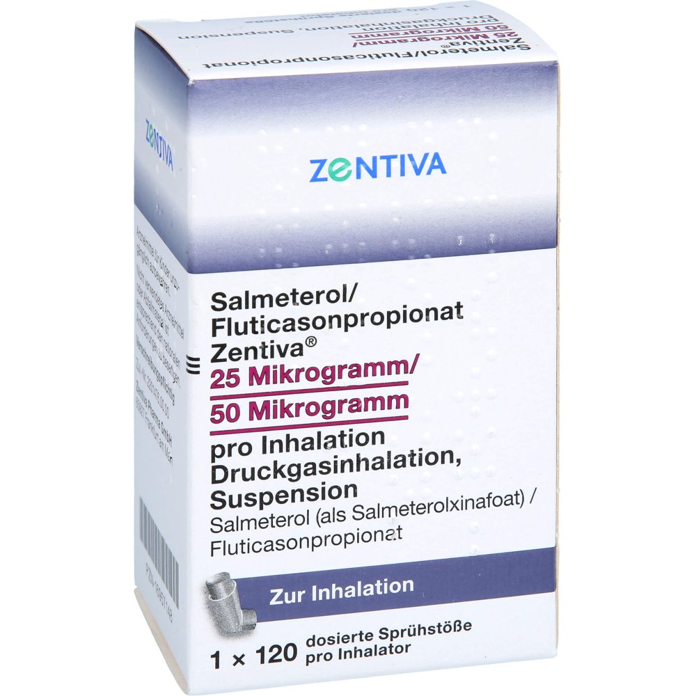 Das Produktfoto zeigt Salmeterol/Fluticasonpropionat Zent.25/50μg 120 (1 stk) PZN 16957148