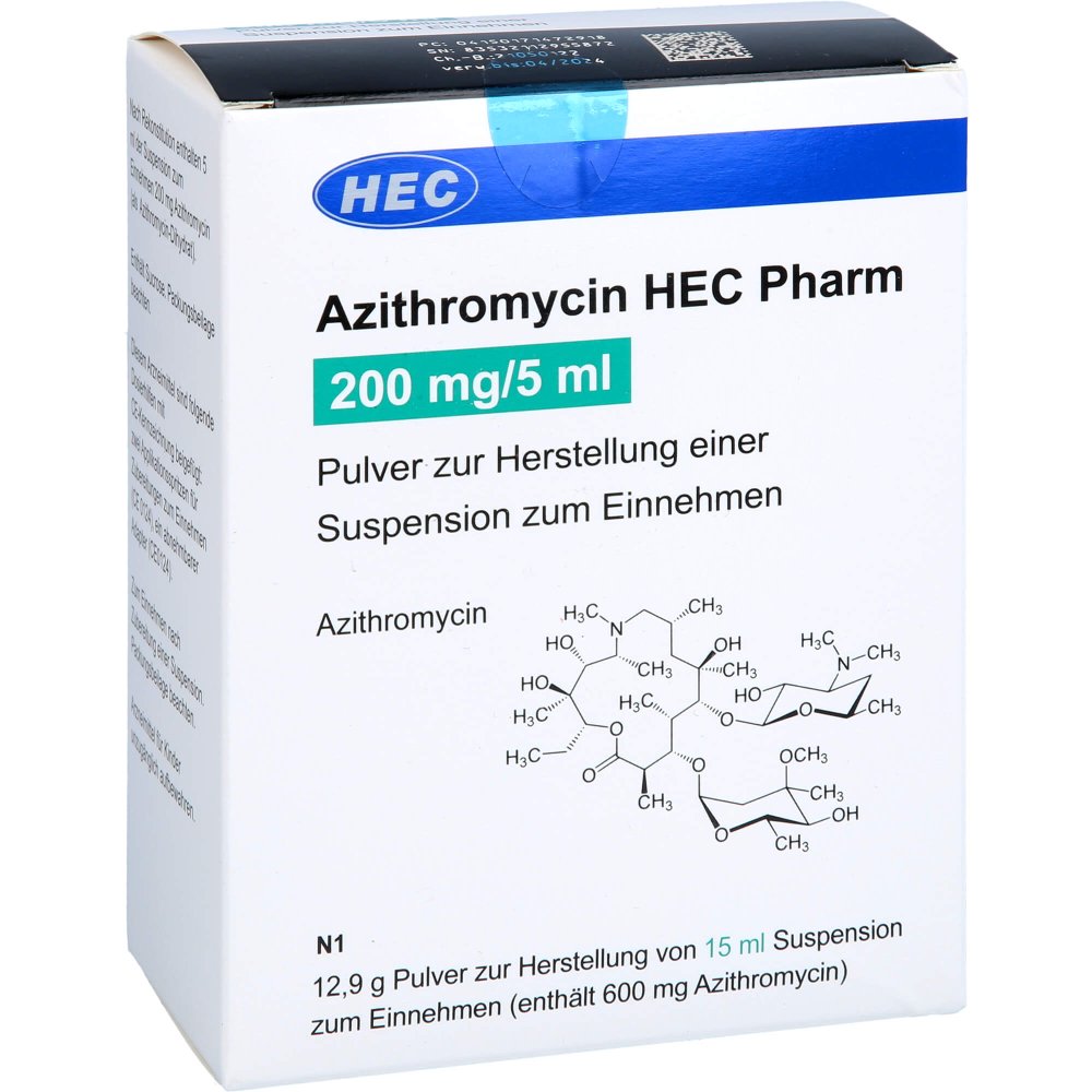 Das Produktfoto zeigt Azithromycin Hec Pharm 200mg/5ml Plv.Sus.-Herst. (15 ml) PZN 17147291