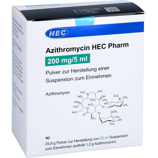 Das Produktfoto zeigt Azithromycin Hec Pharm 200mg/5ml Plv.Sus.-Herst. (30 ml) PZN 17147322