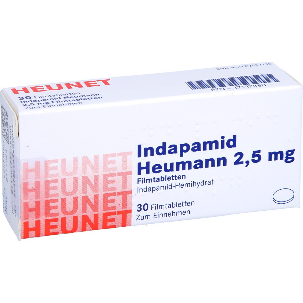 Das Produktfoto zeigt Indapamid Heumann 2,5 Mg Filmtabletten Heunet (30 stk) PZN 17147888
