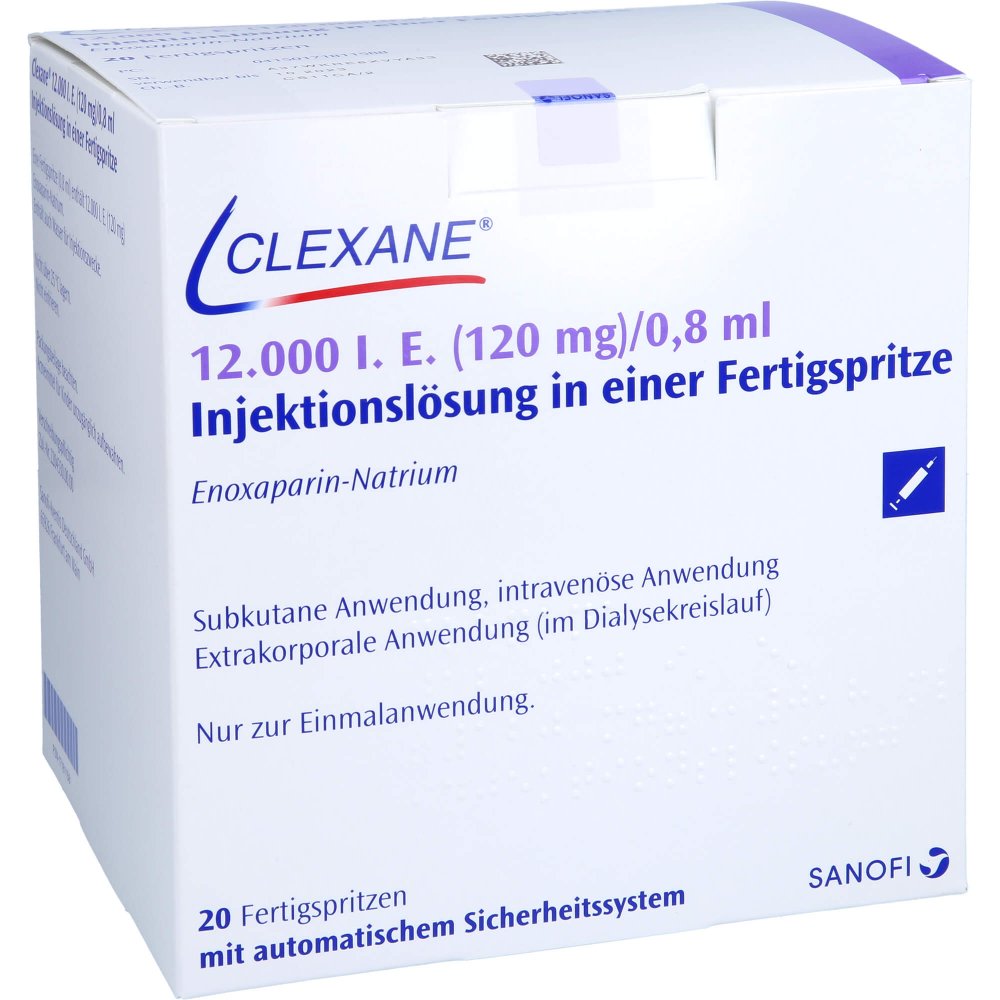 Das Produktfoto zeigt Clexane 12.000 I.E. 120mg/0,8ml Ilo F.Sp.+Sich-Sys (20 stk) PZN 17181158