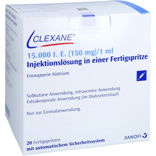 Das Produktfoto zeigt Clexane 15.000 I.E. 150mg/Ml Ilo F.Sp.+Sich-Sys. (20 stk) PZN 17181170