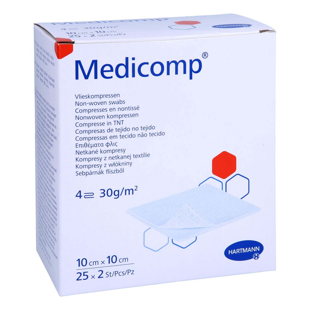 Das Produktfoto zeigt Medicomp Vlieskomp.Steril 10x10 Cm 4fach (25X2 stk) PZN 17200223