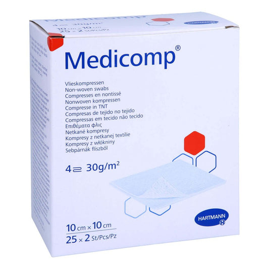 Das Produktfoto zeigt Medicomp Vlieskomp.Steril 10x10 Cm 4fach (25X2 stk) PZN 17200223