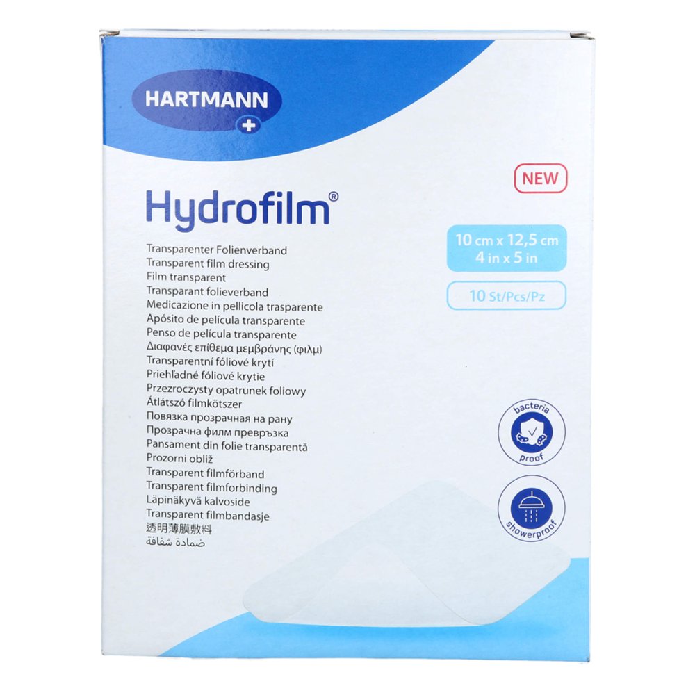 Das Produktfoto zeigt Hydrofilm Transparenter Folienverband 10x12,5 Cm (10 stk) PZN 17206059