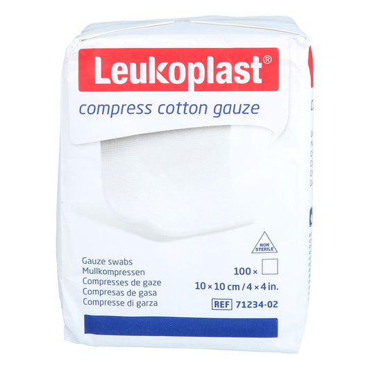 Das Produktfoto zeigt Leukoplast Compress Cotton Gauze 10x10cm Unst.8f (100 stk) PZN 17207716