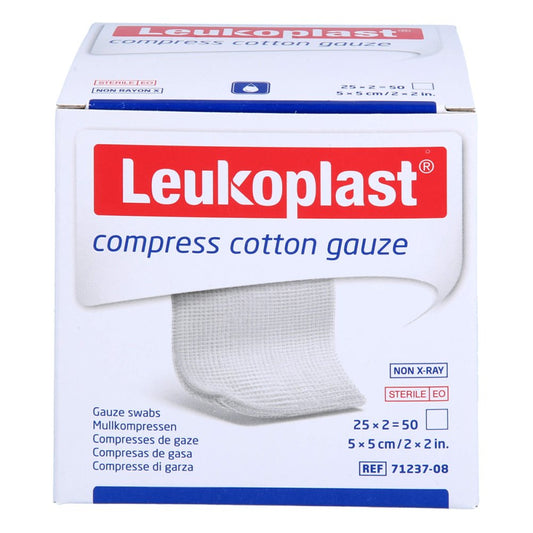 Das Produktfoto zeigt Leukoplast Compress Cotton Gauze 5x5cm Steril 12f (25X2 stk) PZN 17207946