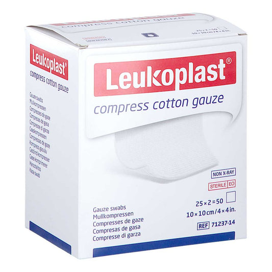 Das Produktfoto zeigt Leukoplast Compress Cotton Gauze 10x10cm Ste.12f (25X2 stk) PZN 17207969