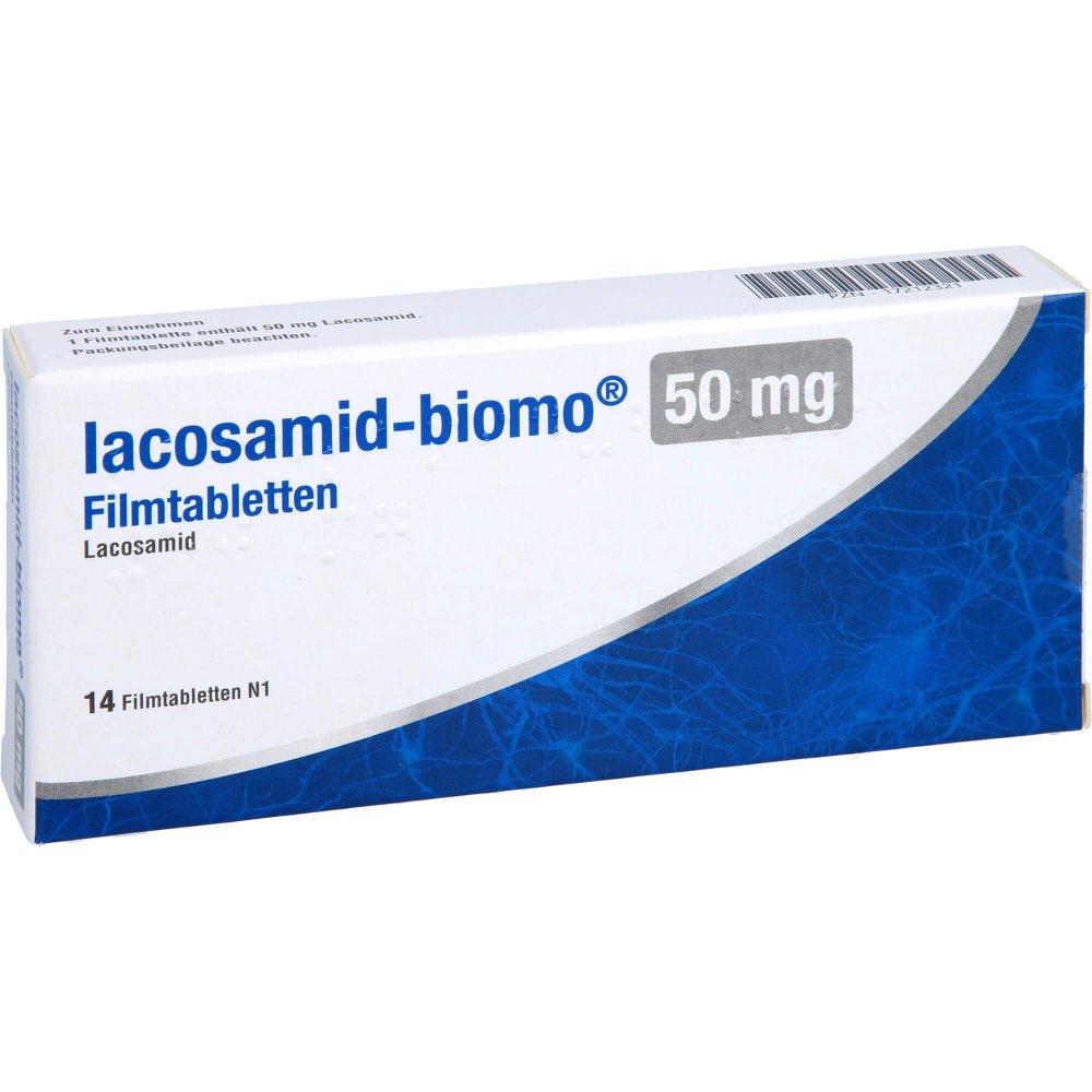 Das Produktfoto zeigt Lacosamid-Biomo 50 Mg Filmtabletten (14 stk) PZN 17212321