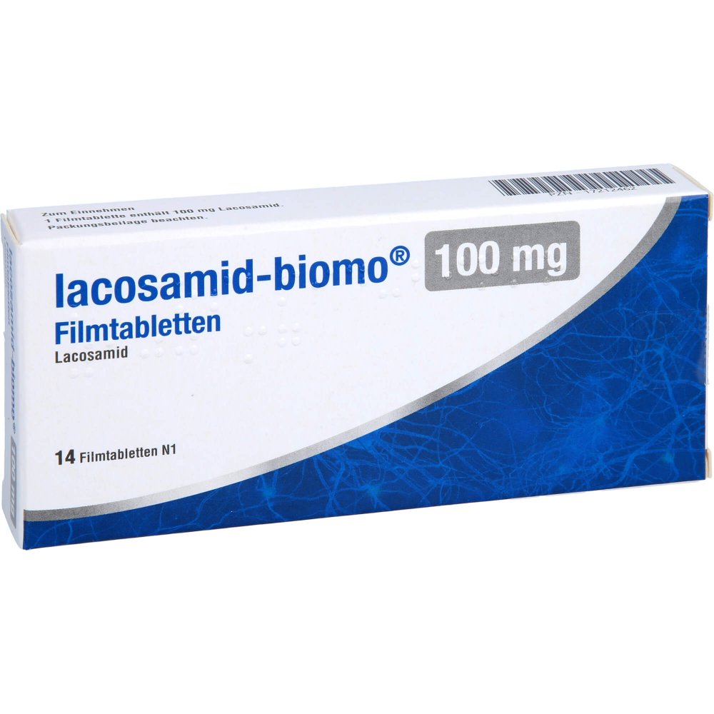 Das Produktfoto zeigt Lacosamid-Biomo 100 Mg Filmtabletten (14 stk) PZN 17212462