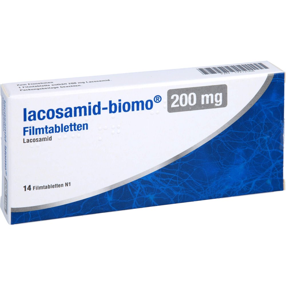 Das Produktfoto zeigt Lacosamid-Biomo 200 Mg Filmtabletten (14 stk) PZN 17212568
